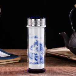 Jingdezhen Ceramic Thermos Cup with Lid, High-End Chinese-Style Blue and White Portable Glass Tea Cup, Household Double-Layer Gift Box