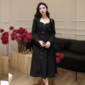 Juju spring and summer French retro square collar single buckle medium long dress high waist high waist and thin temperament dress female
