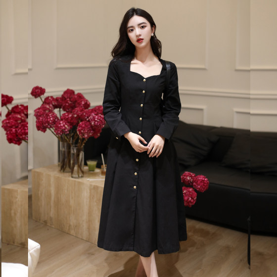 Juju spring and summer French retro square collar single buckle medium long dress high waist high waist and thin temperament dress female
