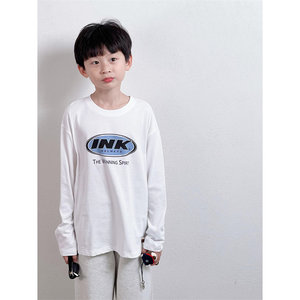 Tongma customization Korean version of men, women and children loose cotton white ink letters versatile simple long-sleeved T-shirt spring and autumn clothes
