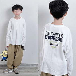 
Tongma customized white Korean style loose double-sided cotton back panel blue and green Hong Kong style long-sleeved T-shirt for boys and girls for spring and autumn.