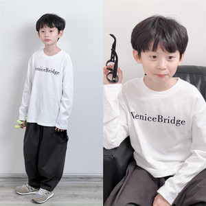 
Tongma customization of men, women and children's white Korean version loose pure cotton soft flocking letters versatile long-sleeved T-shirt spring and autumn clothes