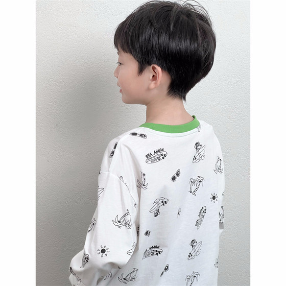 Tongma customized male and female pure cotton Korean version of the loose and full -printed slippage dog comfortable breathable long -sleeved T -shirt spring and autumn clothes
