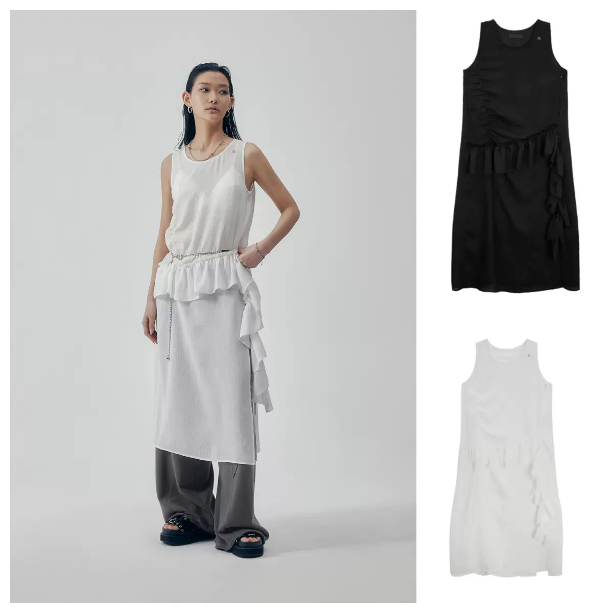 TREEMINGBIRD】Layered Sleeveless Long One-Piece [ White