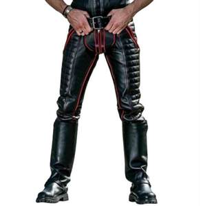 American purchasing BLACK hand -made locomotive black leather red striped leather leather trousers men's leather pants