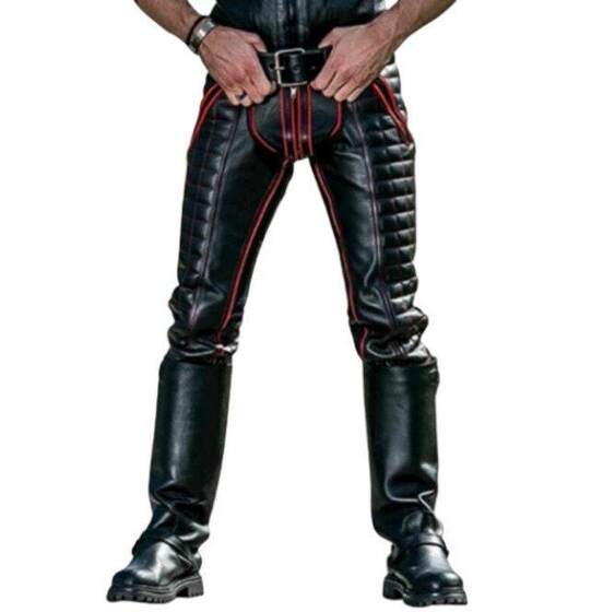 American purchasing BLACK hand -made locomotive black leather red striped leather leather trousers men's leather pants
