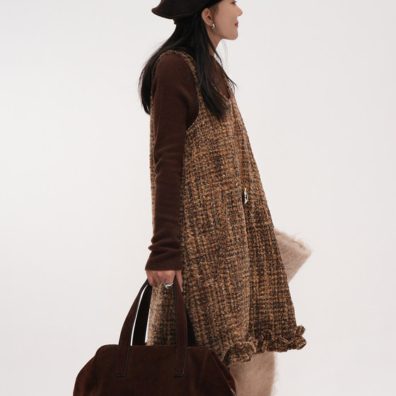 
Tan Yanmi Retro Tweed Vest Dress Women's Autumn and Winter Layered Plaid A-Line Skirt Temperament Small Fragrance Midi Skirt