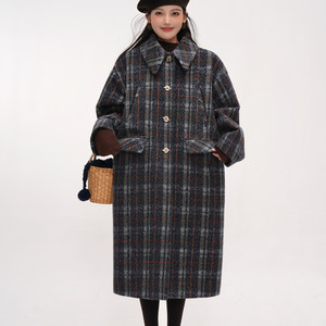 
Tan Yanmi gray plaid woolen loose silhouette cocoon coat women's mid-length autumn and winter retro woolen coat