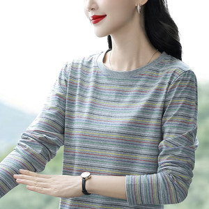 
2026 Early Autumn New Large Size Loose Cotton Long Sleeve T-shirt Women's Outerwear Striped Bottoming Shirt Fashionable Top