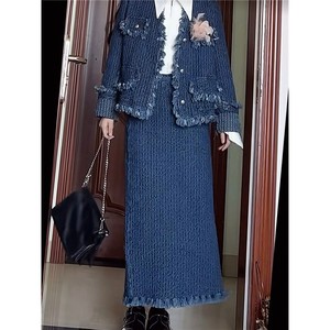 
Autumn and winter outer wear retro French high-end slim denim jacket two-piece set with small fragrant style ladies suit for women