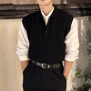 
POLO neck sweater vest men's autumn and winter Korean version retro light mature style sweater light luxury business casual knitted vest
