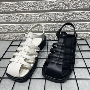 
Broken-size processing of bag-toe Roman sandals for women with low heels retro strap beach shoes summer hollow woven pig cage shoes