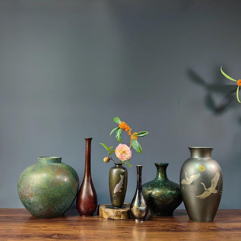 日本铜器高野紫山作鋳銅银象嵌于喜鹊纹样花入花瓶花器复古家居-Taobao