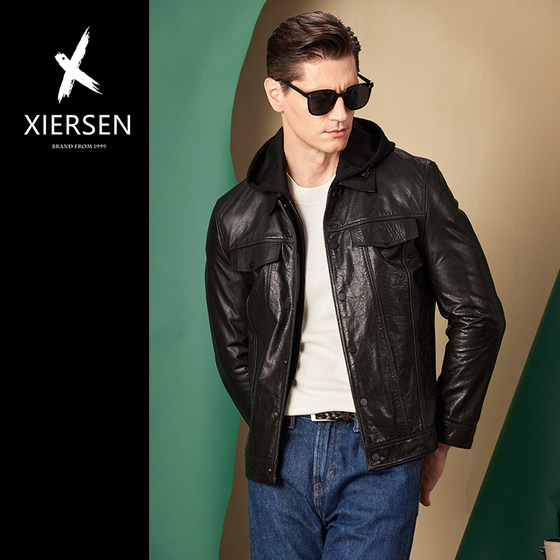 
European station light luxury top layer cowhide leather genuine leather jacket men's hooded removable fashion casual jacket men's jacket