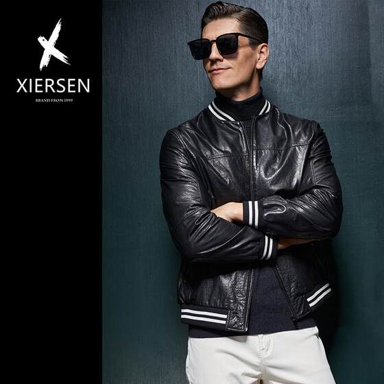 
Autumn and winter European station baseball collar bomber jacket men's cowhide fashion casual Haining genuine leather slim jacket