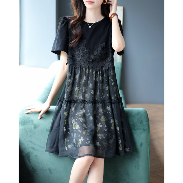 Baoshili round neck lace mesh spliced ​​printed dress 2025 summer new short-sleeved fashionable midi skirt