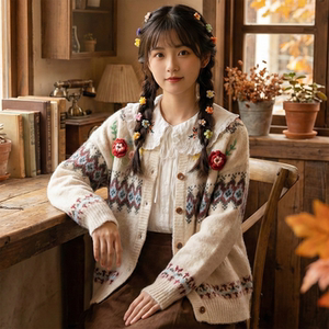 
Japanese soft girl heavy industry three-dimensional crochet ethnic style jacquard loose round neck knitted cardigan short sweater jacket for women