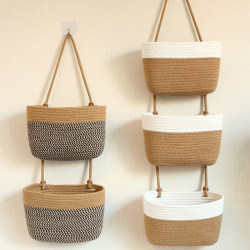 Cotton Rope Hanging Storage Basket, Three-Layer Eco-Friendly Wall-Mounted Storage Basket, Japanese-Style Cosmetics Storage, Entryway Miscellaneous Basket