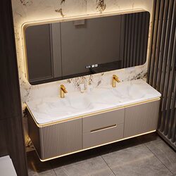 Rock Slab Heat-Bent Integrated Double Basin Bathroom Cabinet, Oak Bathroom Vanity Sink, Seamless Washbasin Cabinet Combination