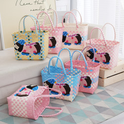 Happy Dog Woven Bag Handbag Full Moon Birthday Gift Bag Cartoon Pink Cat Storage Shopping Basket