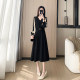 High-end French black dress for women 2025 new long-sleeved temperament waist-hugging A-line skirt spring little black skirt
