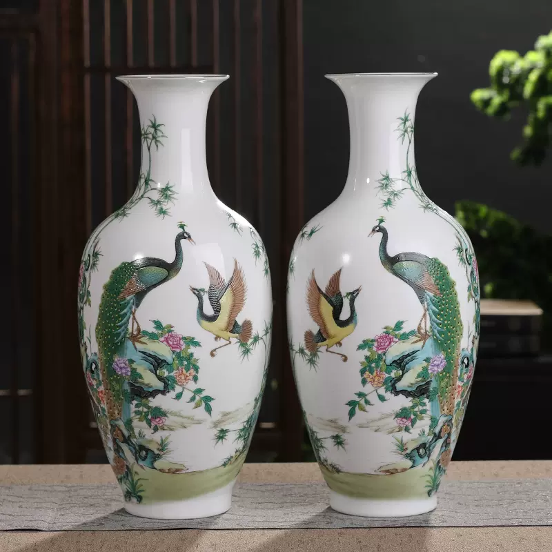 景德镇粉彩孔雀陶瓷花瓶摆件客厅插花电视柜书房家居装饰瓶子一对-Taobao