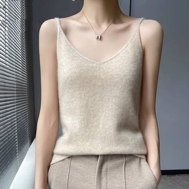 Sheep Fan 100% pure wool solid color casual front and rear V-neck thin belt wool knitted suspender vest for women