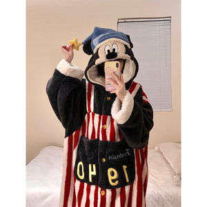 
Korean version of cartoon Mickey plush nightgown for women's autumn and winter new home clothes thickened warm hooded nightgown that can be worn outside