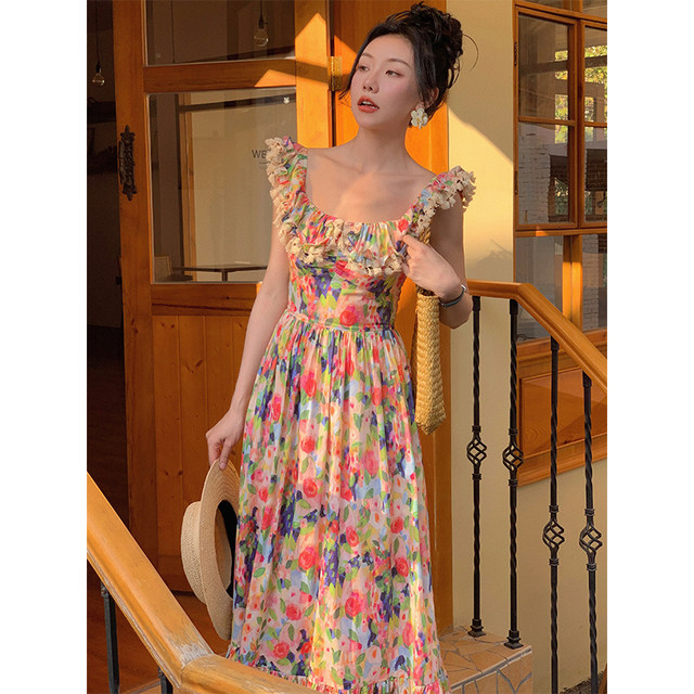 Haze French one-shoulder coffee break dress off-shoulder oil painting dress