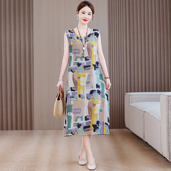 Mom cotton silk pajamas Female summer sleeveless vest, old -fashioned silk nightdress, artificial cotton thin loose dress
