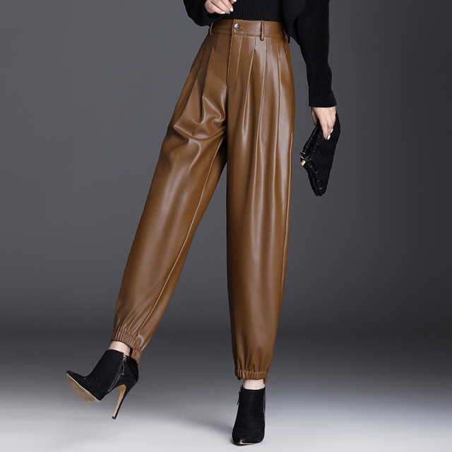 Leather Pants Women's Elastic Waist Harem Pants 2024 Autumn and Winter ...