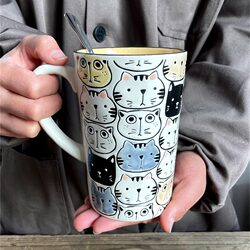 Cute Cat Mug with Yellow Hand-Painted Underglaze Color, Milk Cup for Breakfast, Adorable Couple Cup, Drinking Cup with Large Capacity