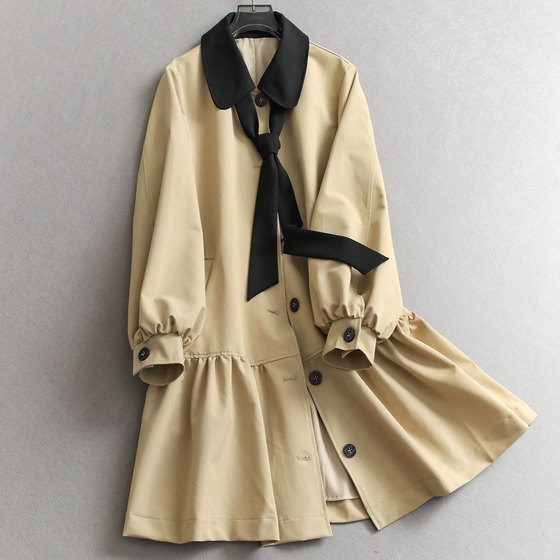 
Contrast color lapel ribbon loose and slim lantern sleeves for small people 25 new autumn long-sleeved women's coat windbreaker N970