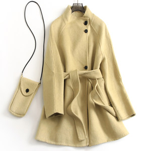 
Double-sided cashmere lace-up waist slimming stand-up collar mid-length raglan sleeve women's coat commuter woolen coat H638