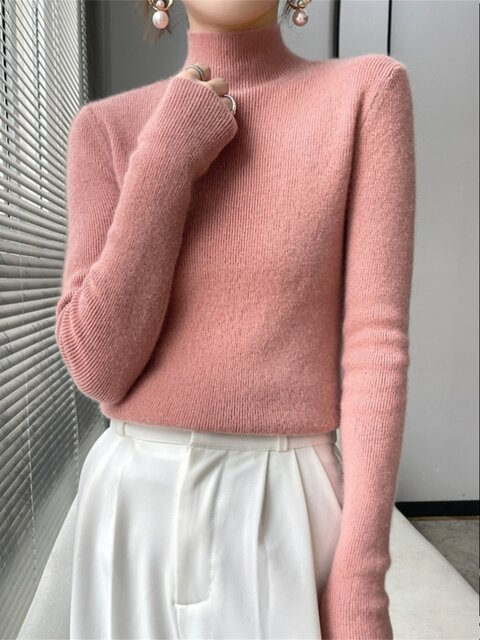 Solid color half-high neck autumn and winter women's base shirt lazy ...
