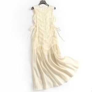 
Solid color lace side lace holiday style round neck sleeveless vest skirt chiffon skirt draped long skirt dress K296