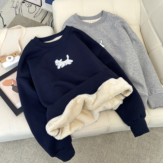 Add velvet thick lambsses sweater women autumn and winter new Korean version of the loose, super thick warm holder, hoodless long sleeve top
