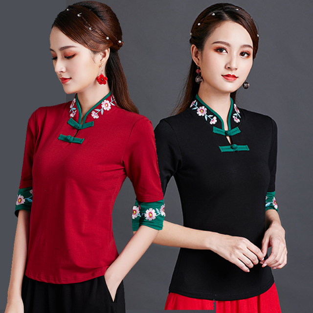 Ethnic style embroidered T-shirt for women short-sleeved spring clothes new Chinese style women's tops large size embroidered slim base shirt