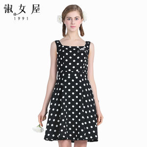 
Lady House A-line skirt slimming polka dot princess elegant and sweet suspender black bottom white dot chiffon dress