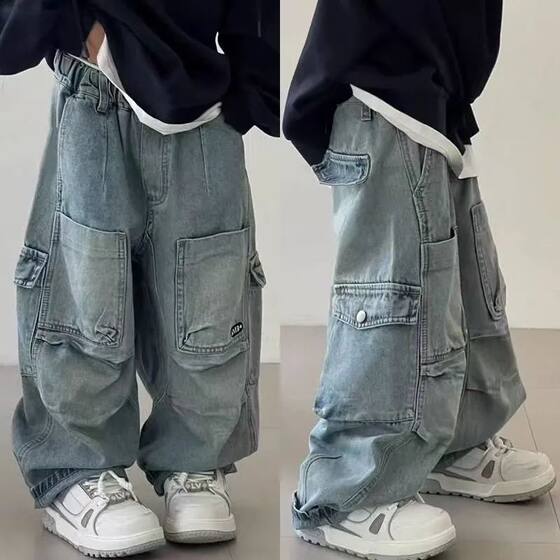 
Street fashion cool style jeans for boys spring and autumn new Korean style loose casual versatile children's workwear pants