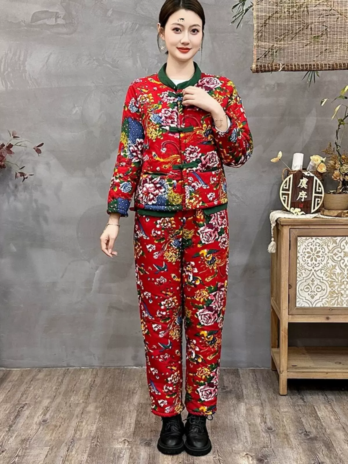 中国风女装东北大花棉衣棉裤两件套过年回村加绒加厚农村花棉袄