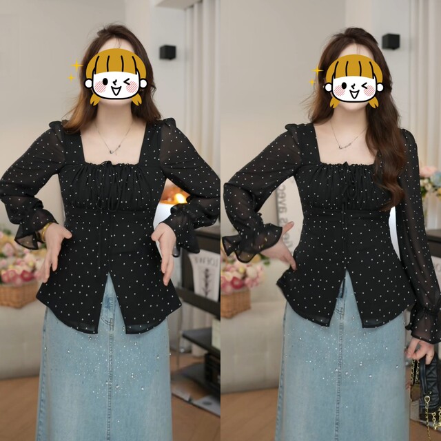 Large size fat mm long-sleeved shirt for women for women's spring new design lace-up waist slimming square collar black polka dot top
