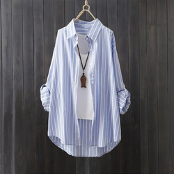 Cross-Border Sun Protection Shirt for Women, Spring and Summer, Loose Fit, Covers the Buttocks, Striped Shirt, Long-Sleeved, Stylish Top, Mid-Length Design