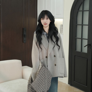 [Idika] 26 spring, autumn and winter short double-sided wool coat wide suit raglan sleeves crotch-covering woolen coat