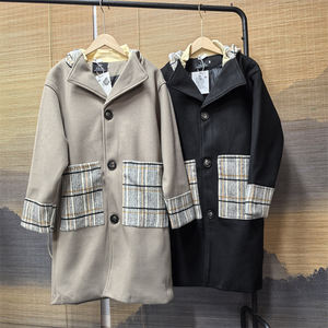 
25C6A6 autumn and winter new spliced ​​contrasting wool jacket for men and women mid-length Hepburn style loose hooded wool coat