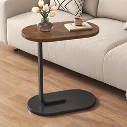 Modern Minimalist Oval Coffee Table with Wooden Top and Metal Stand, Movable Small Tea Table for Living Room Sofa Side