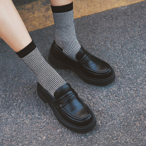 Masuism 2025 new thick-soled British style single shoes for women's autumn retro leather shoes black flat loafers