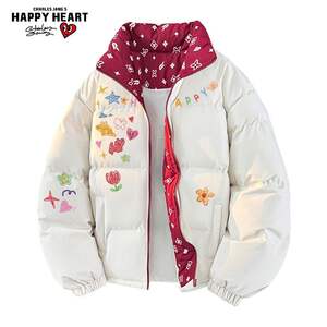
Charles Heart American Graffiti Floral Stand Collar Cotton Clothes for Men and Women Winter Thickened Warm Couple Jackets