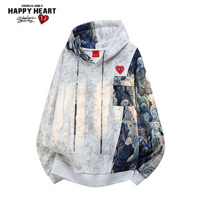 
Charles peach heart stitching bear sweatshirt men's autumn tie-dye hooded couple loose sports coat casual top