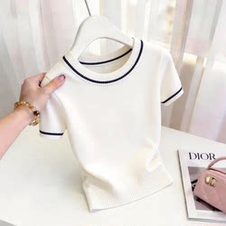 2026 Summer New Style Contrasting Color Collar Short-Sleeved T-Shirt for Women, White Round Neck, Slim Fit, Versatile Top for Women in Work Clothing Style